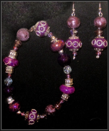 Fuschia Beaded bracelet and Earrings
